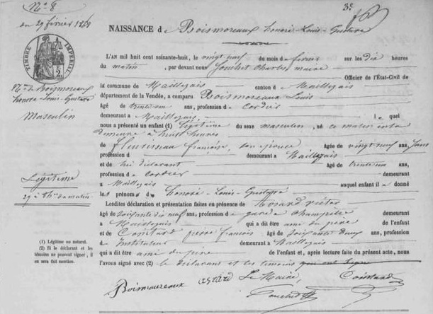 Acta de nacimiento n.º 8 de Honoré Louis Gustave Boismoreaux, Maillezais, 29 de febrero de 1868